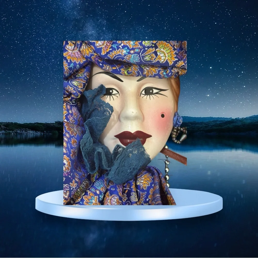 Lady Face Mask Wall Hanging Decor in Vibrant Blue and Gold